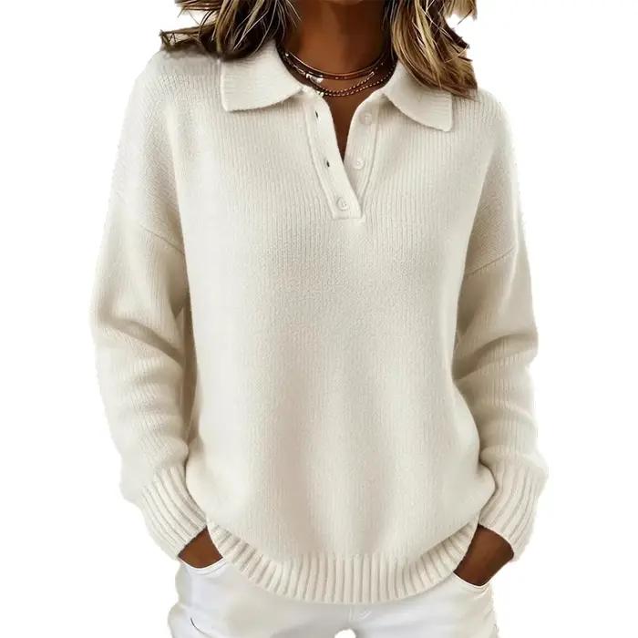 Nouveau pull polo à revers pour femme, coupe ample et décontracté, doux et moelleux, polyester épais, col rabattu, automne-hiver 2026 occasions spéciales