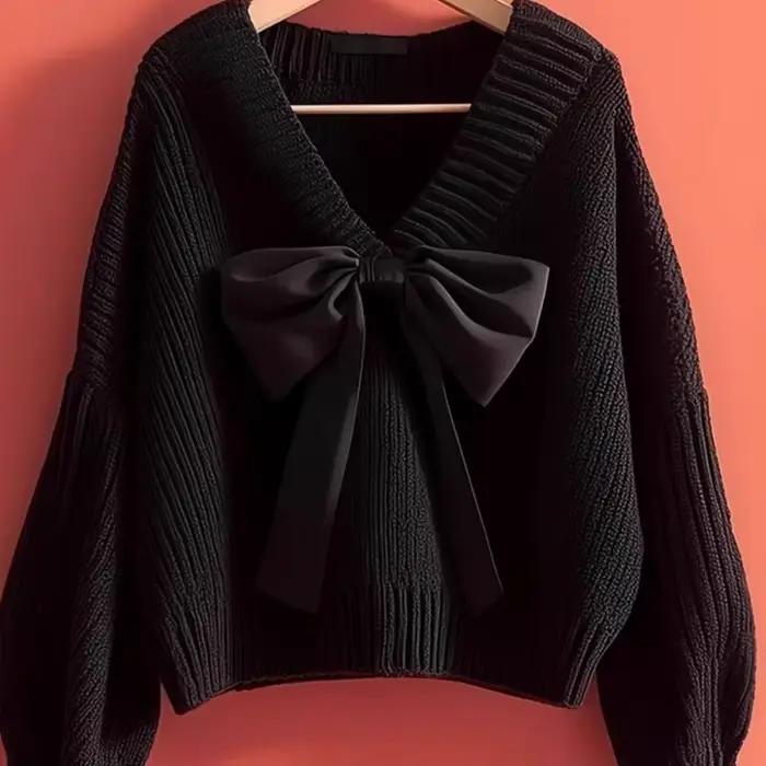 Pull tricoté à col en v et nœud pour femme