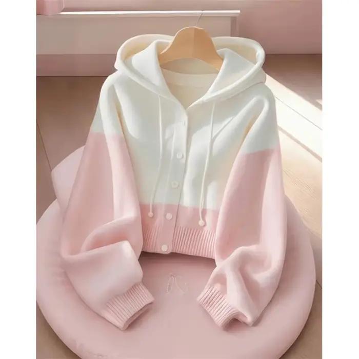 Cardigan LUO. TAO. FUSH I à capuche épissée rose et blanc pour femme, veste décontractée avec boutonnière pour automne hiver 2025, style patchwork, coupe ample, confortable pour toutes les occasions