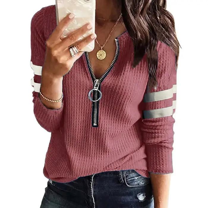 Nouveau printemps automne rayure grande fermeture éclair rétro pull à manches longues