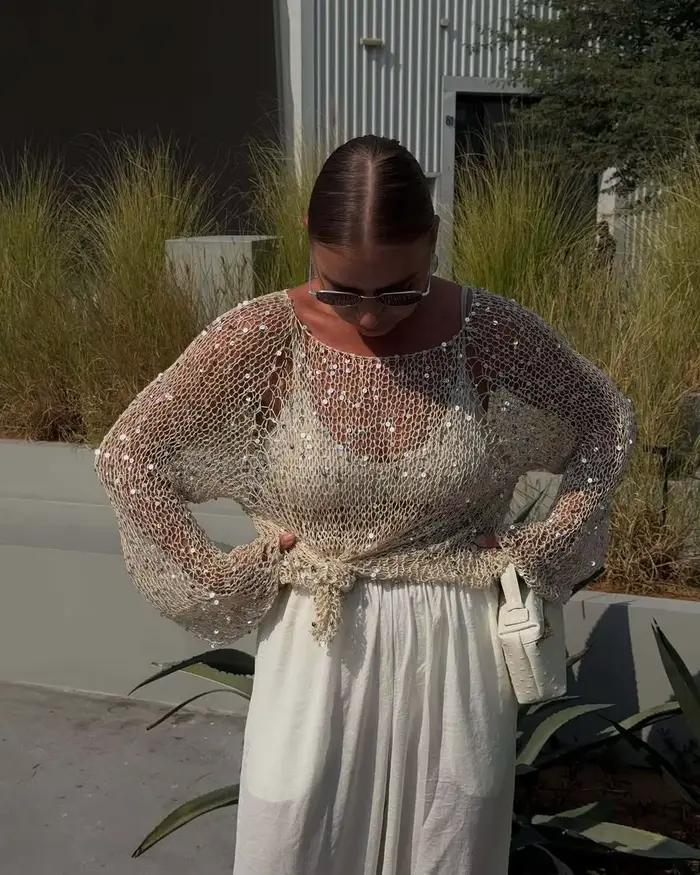 Pull séduisant en polyester pour femmes, style décontracté avec motifs pailletés, pour les soirées festives et les journées détendues