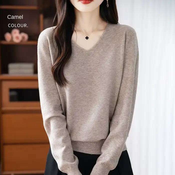 Pull femme col en v automne hiver basique chaud