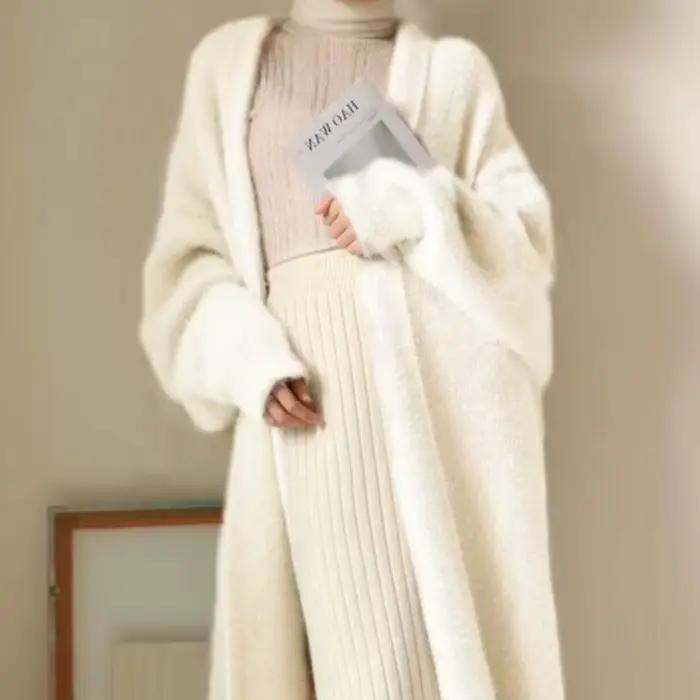 Cardigan long blanc pour femme style coréen chaud et vintage automne hiver Polyester Acrylique Coupe ample Col en V Haute élasticité Occasions spéciales