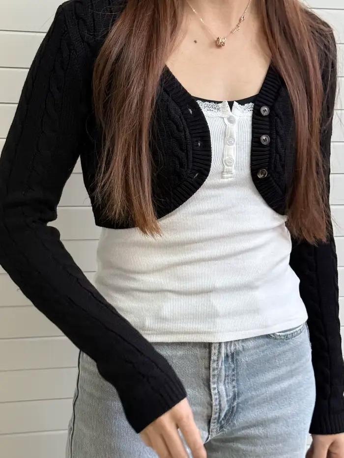 Cardigan court noir en maille torsadée pour femme style vintage chic élégant pour femmes occasions spéciales automne hiver