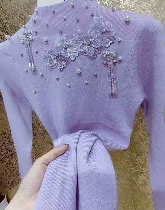 Pull en tricot pour femme avec perles