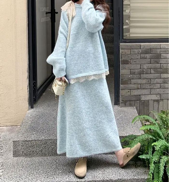 Ensemble pull pour femmes en polyester bleu élégant et amincissant pour les occasions spéciales automnales et hivernales