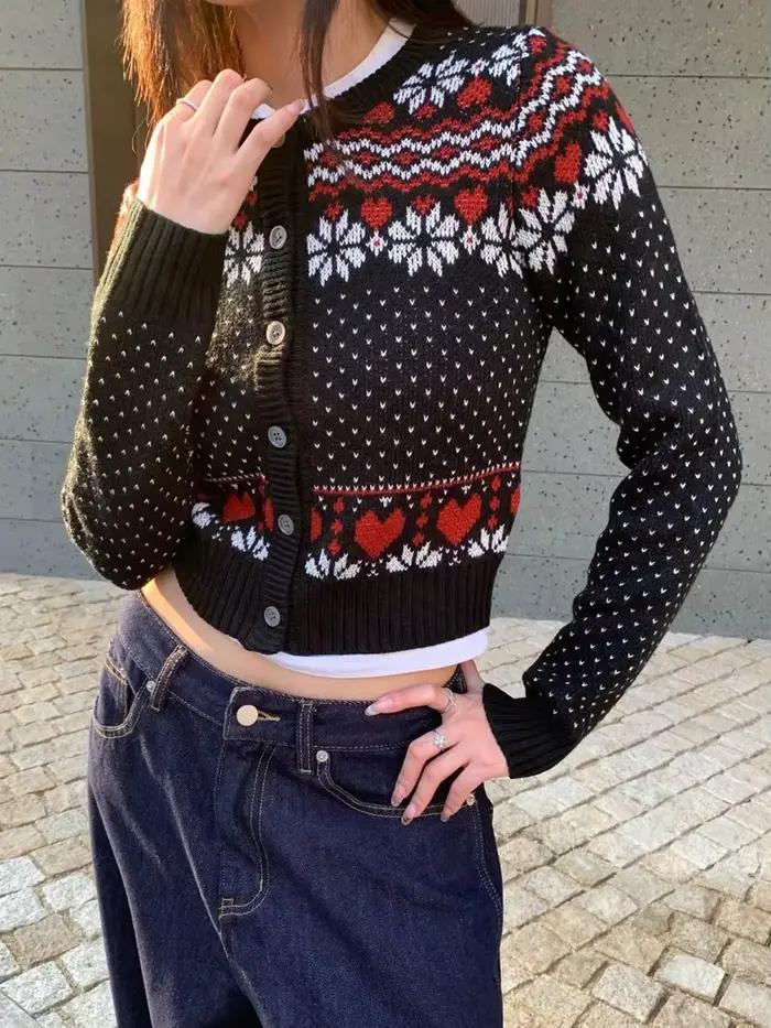 Vintage Fair Isle Jacquard tricoté Cardigan femmes automne boutons à manches longues recadrée pull manteau doux basique mince chandails hauts