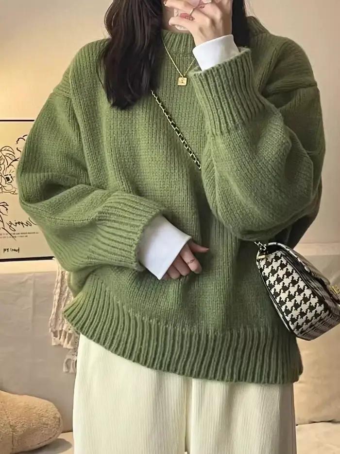 Pull vert à col rond pour femme style rétro japonais confortable automne hiver selaitailye