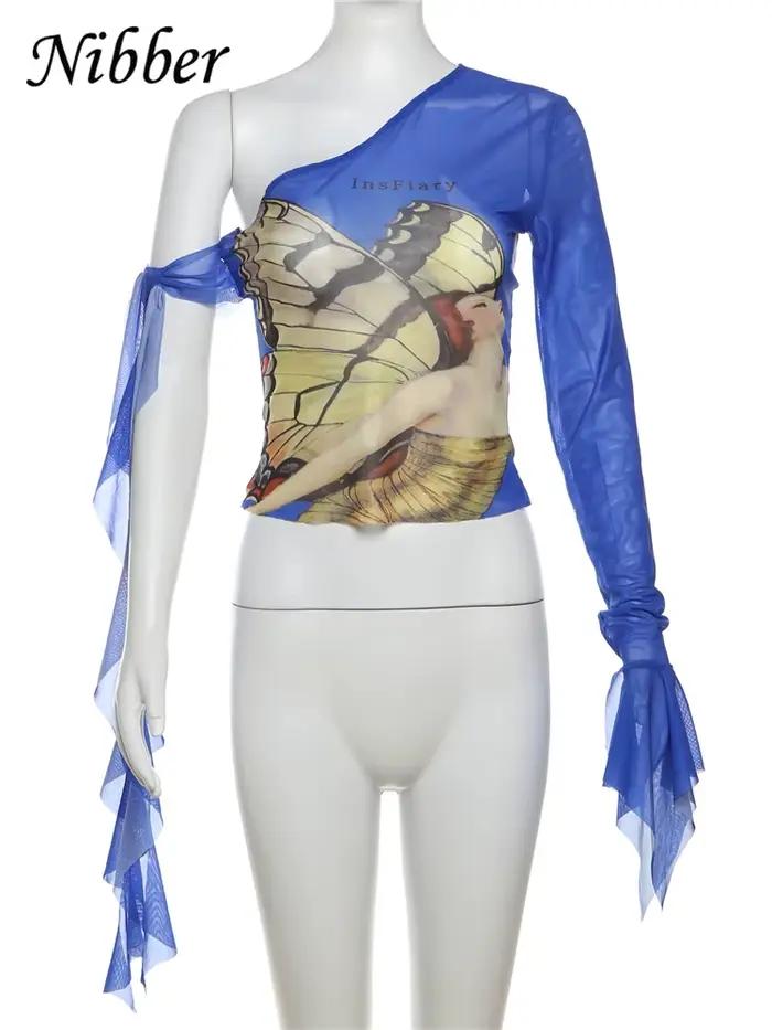Haut Nibber Papillon Imprimé Mode Incliné Épaule Rubans Transparent Mince Fitness T-Shirts Femme Occasions Spéciales Été Rue