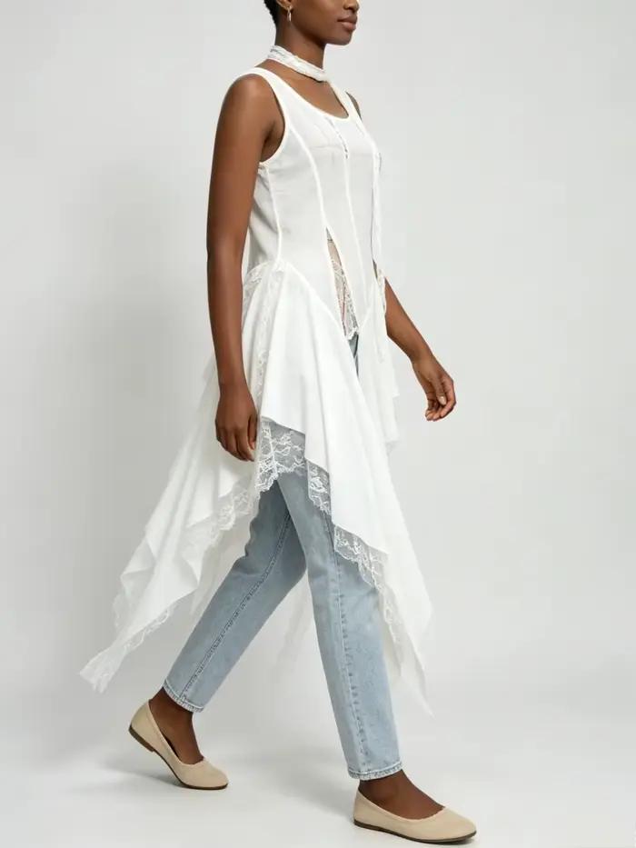 Nouveau Gilet Chic VGH en Dentelle Ample et Épissée pour Femme, Col Rond, Sans Manches, Coupe Irrégulière, Style Tendance Estival Féminin