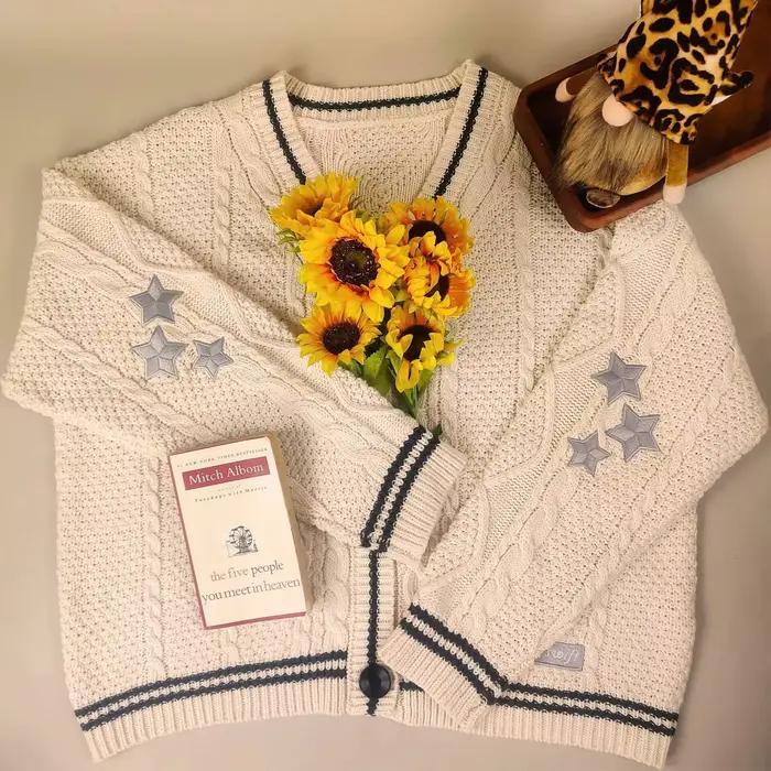 Pull ample brodé étoile pour femmes, col en V, simple boutonnage, imprimé tricoté esthétique, cardigan vintage pour les occasions spéciales