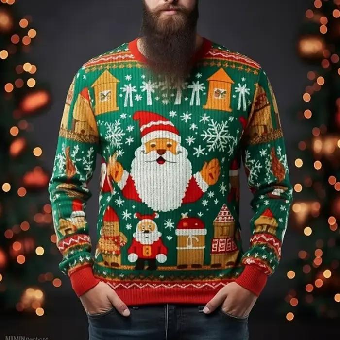 Pull renne imprimé en polyester pour homme, basique et élégant, idéal pour Noël et autres occasions festives