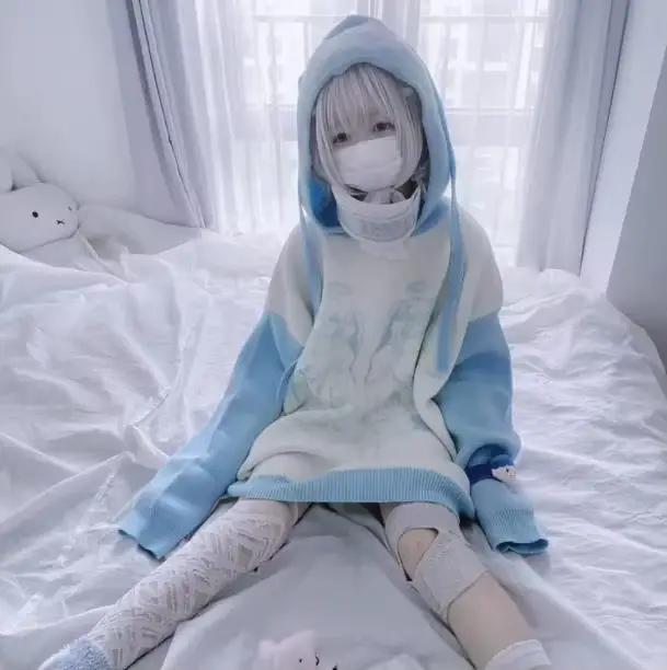 Sweat à capuche femme style japonais kawaii bleu ciel avec motifs animés pour automne hiver