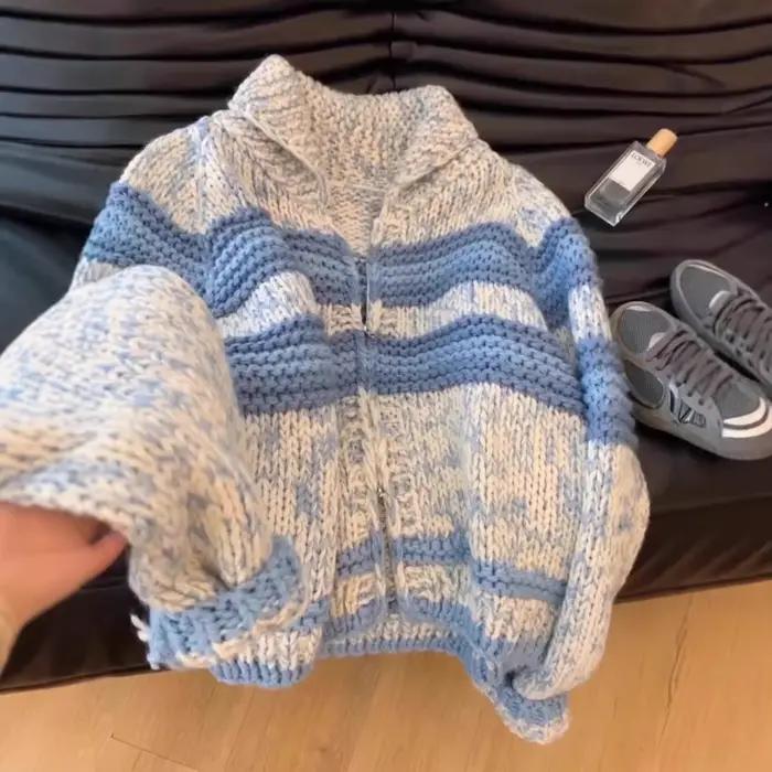 Cardigan Coréen Décontracté Bleu En Polyester Pour Femmes Occasions Automnales Hivernales
