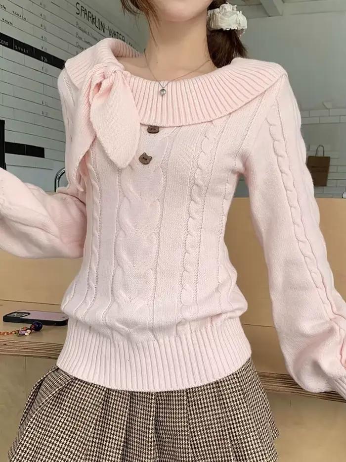 Femmes doux rose pull décontracté à manches longues mignon arc Vintage tricoté