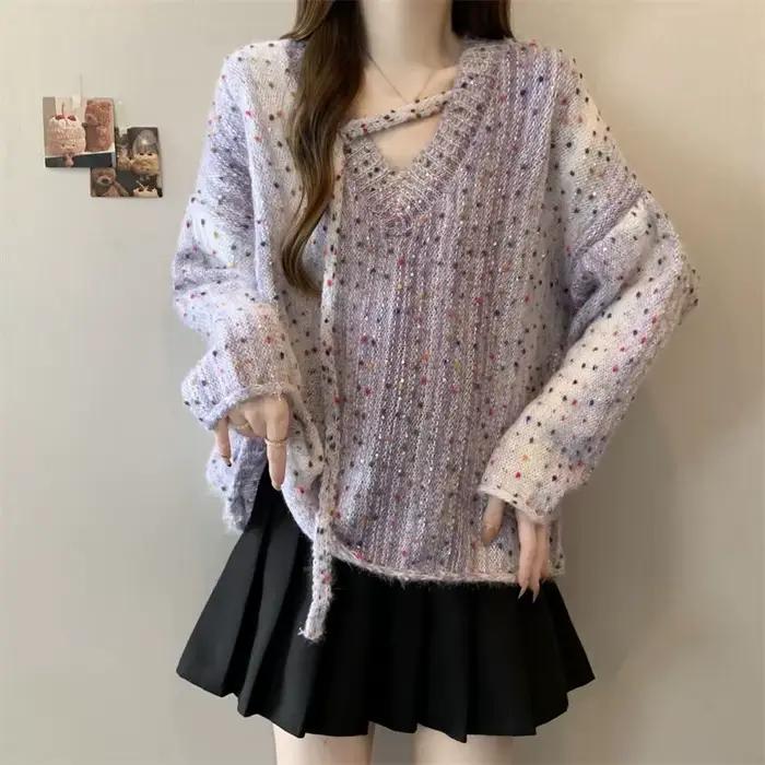 Pull court violet à col en v pour femme