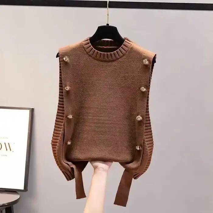 Pull en tricot noir à col rond pour femme, design Harajuku sans manches, coupe ample, style coréen, matériau coton-polyester-acétate, saison automne-hiver, confort et élégance pour toutes les occasions