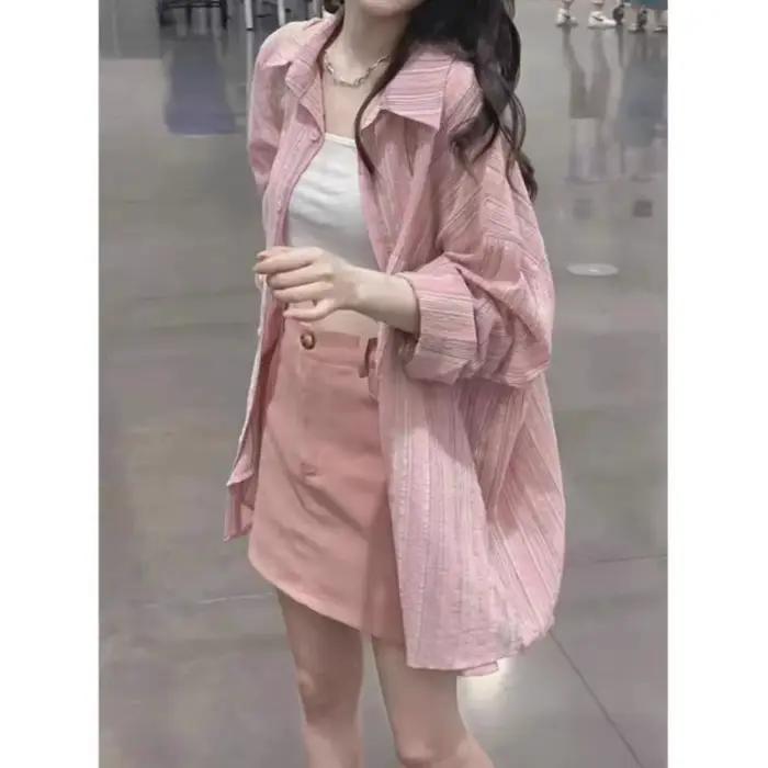 Cardigan paresseux chemise haute ample rose chemise rayée veste femmes