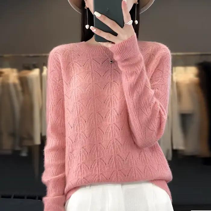BELIARST vêtements pour femmes pull printemps et automne nouveau tricoté haut creux 100% laine mérinos col rond