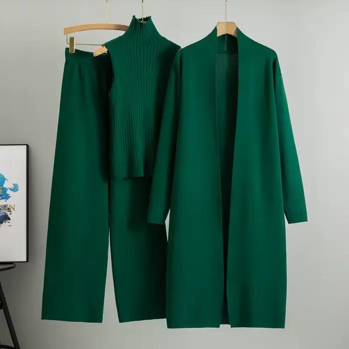Ensemble de trois pièces cardigan long pour femme, pantalon en tricot, col haut, jambes larges, automne-hiver 2025 pour sorties nocturnes