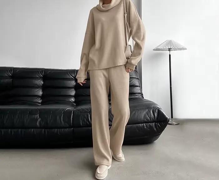 Ensemble de chandail en tricot à col haut kaki pour femmes
