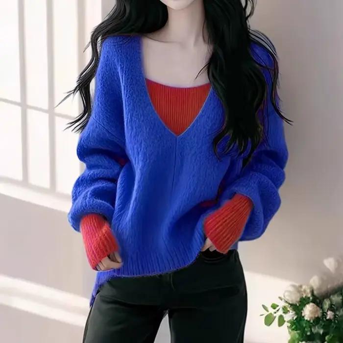 Pull à col en v de couleur contrastée pour femmes