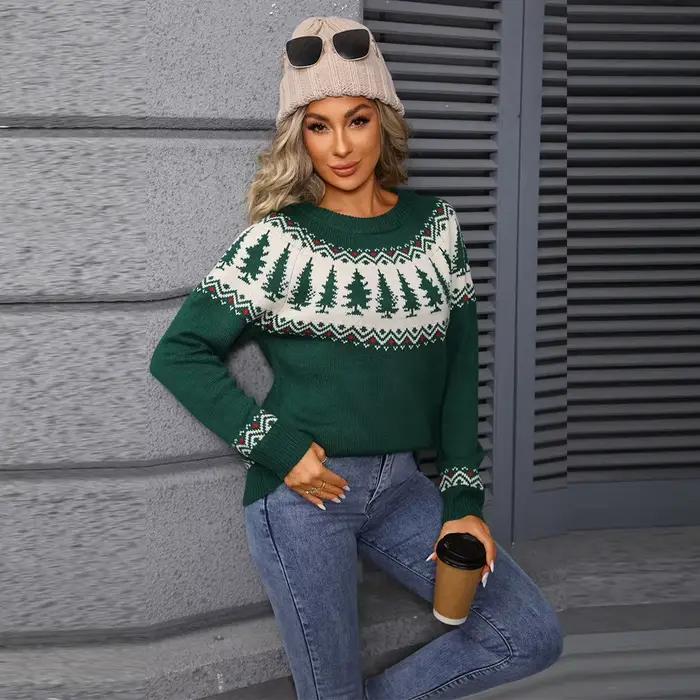 Pull de Noël féerique pour femmes avec motif arbre de Noël vert, style européen, coupe ample automne-hiver occasions spéciales