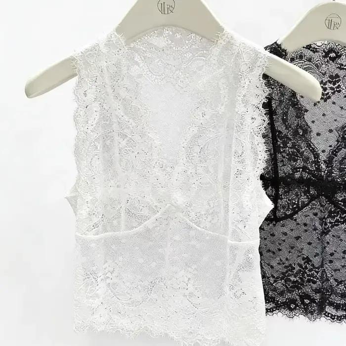 Gilet sans manches en dentelle blanche pour femme – Haut superposé en maille florale transparente pour tenues élégantes