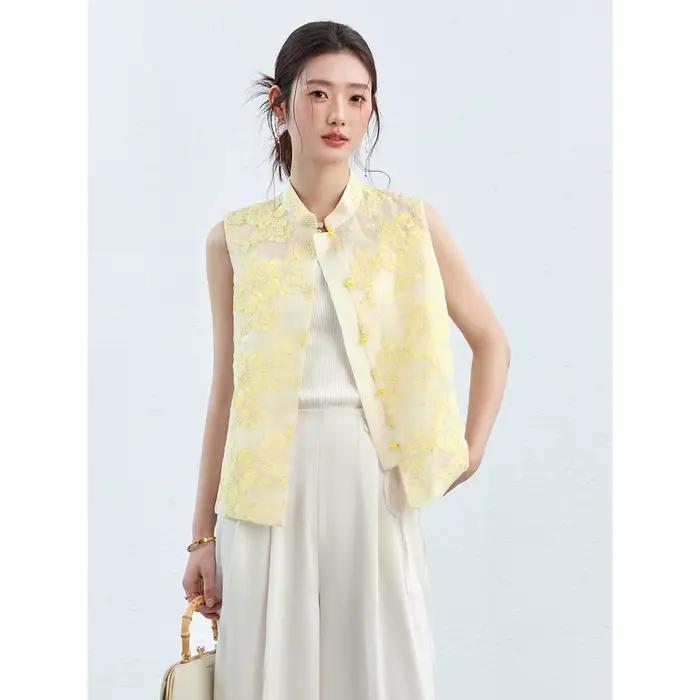 Gilet Femme Vimly Été 2026 Décontracté Broderie Florale Jaune Col Montant Occasions Spéciales et Journées Estivales