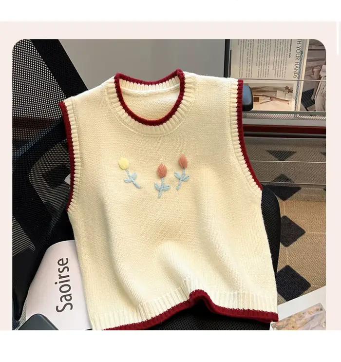 Gilet tricoté sans manches avec broderie de fleurs pour femmes
