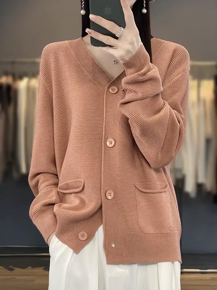 Pull cardigan en lin à manches longues et col en V pour femmes