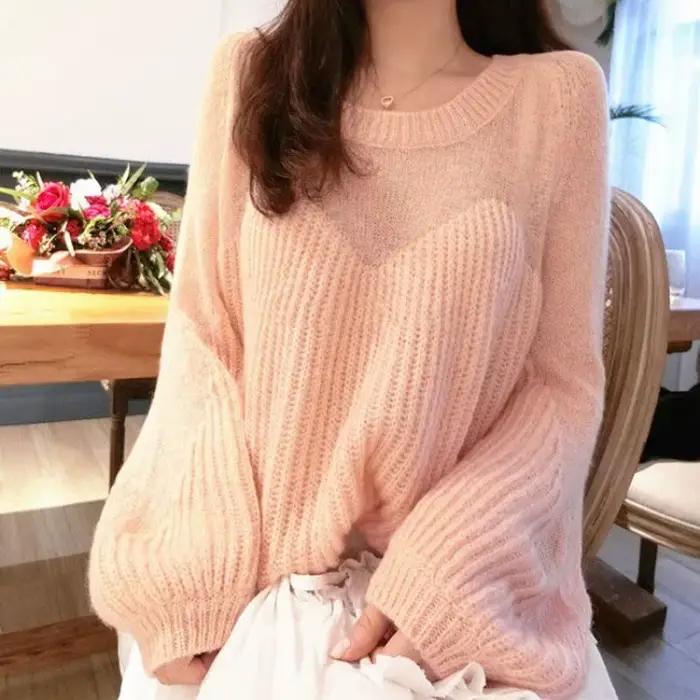 Chandail tricoté pour femmes Coquette Rose Ample style coréen confortable et élégant pour femmes saison automne hiver manches longues col rond polyester coton acétate ample ajustement lâche