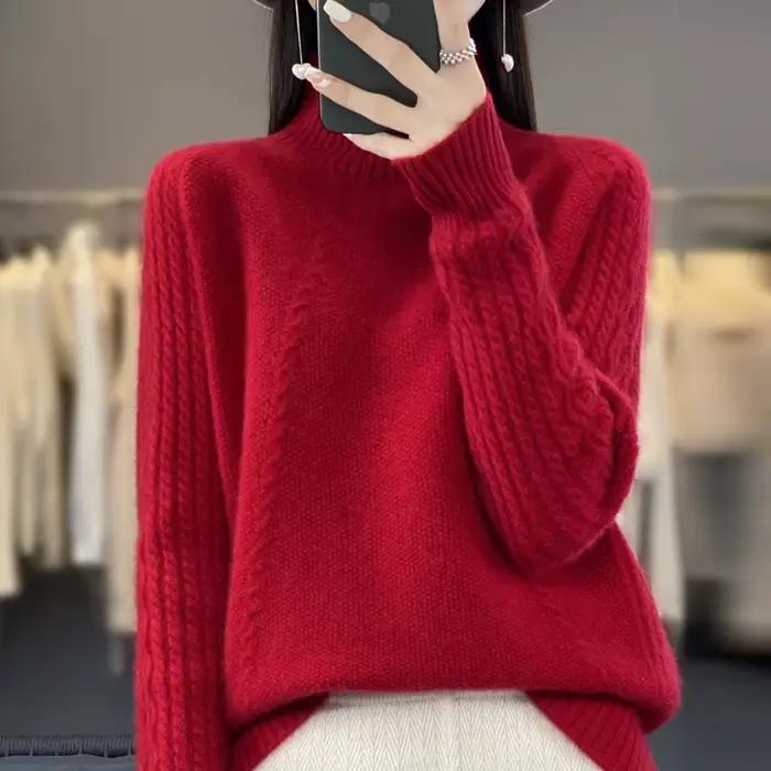 Pull à col roulé en laine mérinos pour femme - Coupe ample, style décontracté, automne-hiver, disponible en plusieurs couleurs et tailles ```