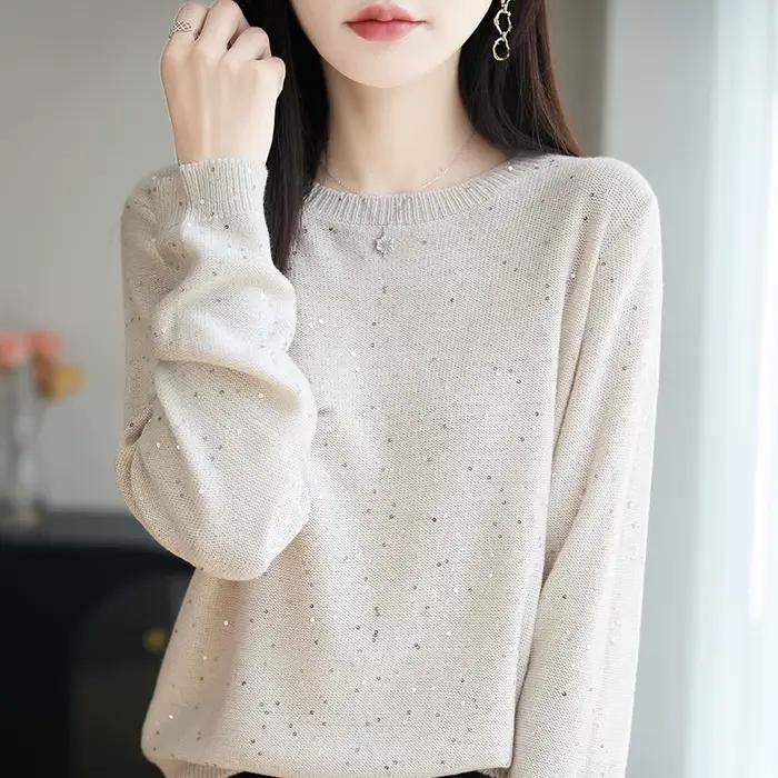 Pull tricoté français à paillettes brillantes pour femmes
