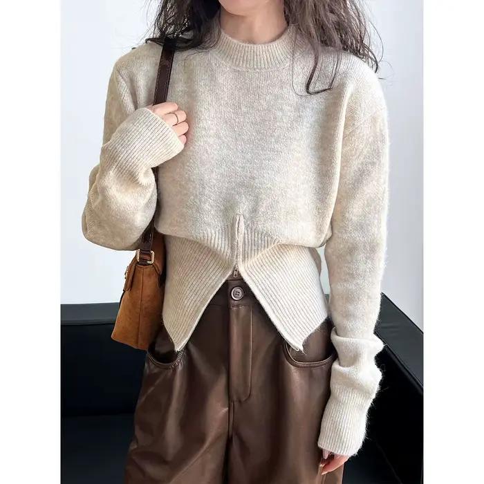 Gris 2025 automne vêtements nouveau Design sens haut fendu fermeture éclair pull court tricoté