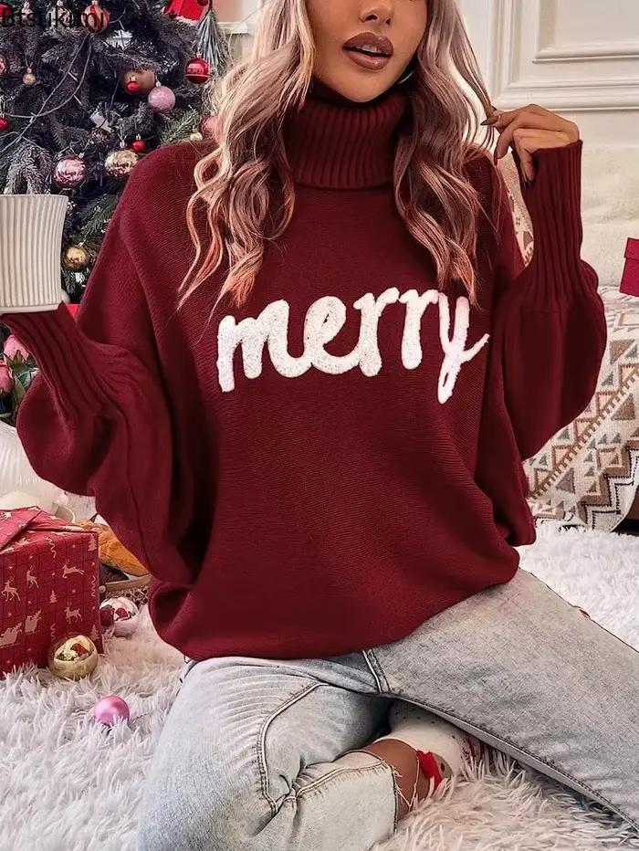 Pull à col roulé féminin élégant avec lettres joyeuses pour femmes automne hiver tricot polyvalent et confortable pour les occasions festives et quotidiennes