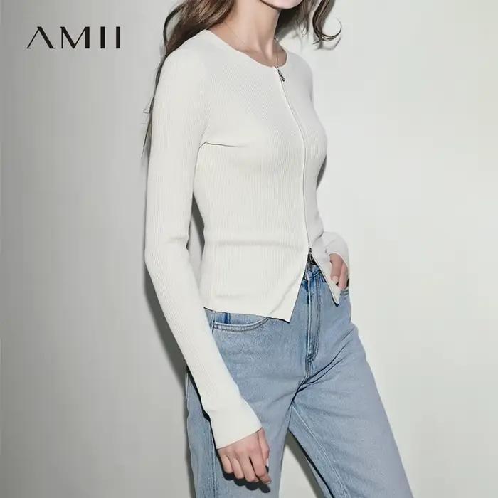 Cardigan Amii Femme Printemps 2026 Nouveau Col Rond Coupe Ajustée Double Fermeture Éclair Élastique Décontracté Couleur Unie Tricoté 12641135