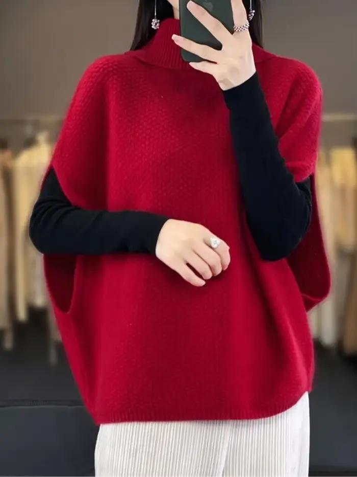 Gilet pull en tricot ample pour femme, col roulé, beige, style Y2K, automne hiver, occasion bureau ou soirée, confortable et tendance