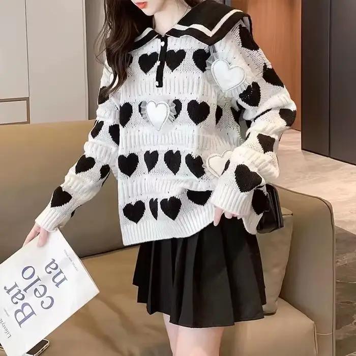 Pulls coréens à manches longues pour femmes, col marin doux, motifs 3D en forme de cœur, mode automne et hiver, nouveau vêtement à offrir pour les occasions spéciales