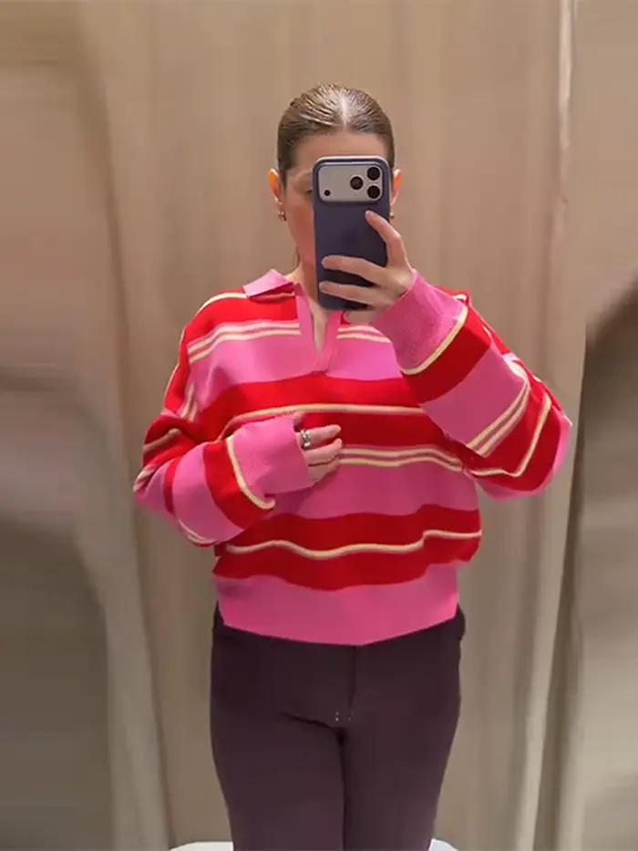 Pull en maille décontracté à col polo rayé pour femme