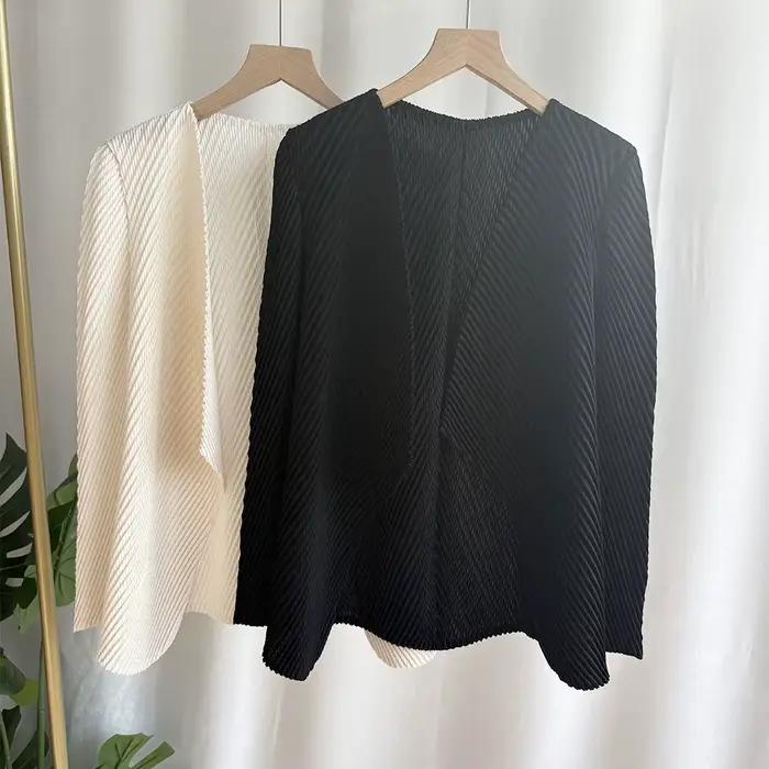Miyake 2025 printemps nouvelle mode femmes couleur unie polyvalent Cardigan haut ample mince plissé veste courte
