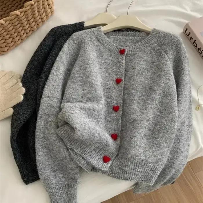 Cardigan en laine gris foncé pour femmes, automne-hiver, doux et chaud, avec manches d'épaule et bouton d'amour, taille unique, style high street, pour toutes occasions
