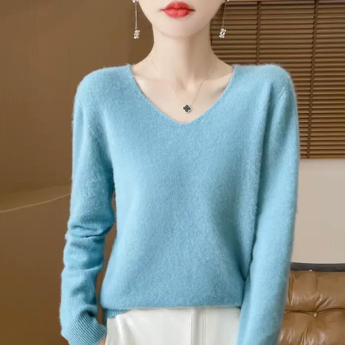 Cardigan col en v couleur unie à manches longues nouveau pull tricoté pour femme