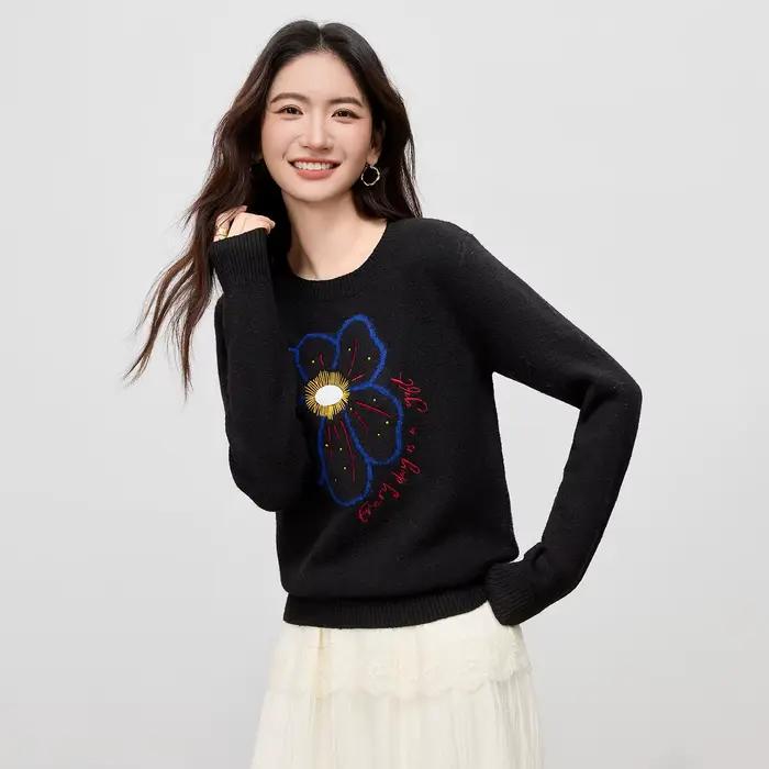 Pull Sentubila Femme Jacquard Floral à Manches Complètes en Polyester, Acrylique, Laine et Élasthanne, Avec Broderie, Taille Ample, Pour Femmes de 25 à 34 Ans, Occasions Professionnelles et Sociales ```