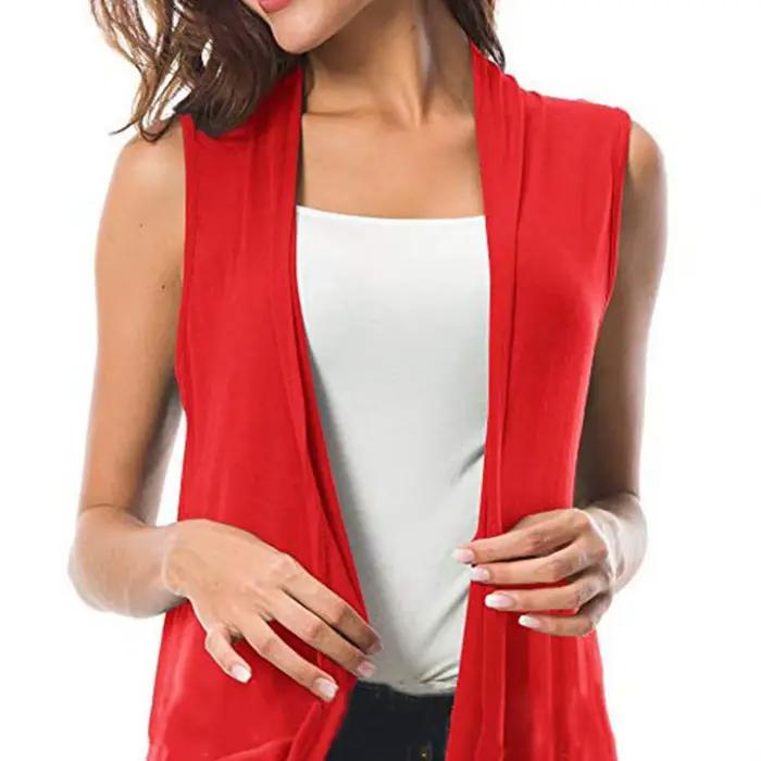 Femmes Cardigan gilet couleur unie sans manches débardeur ouvert sur le devant drapé mi-long ourlet