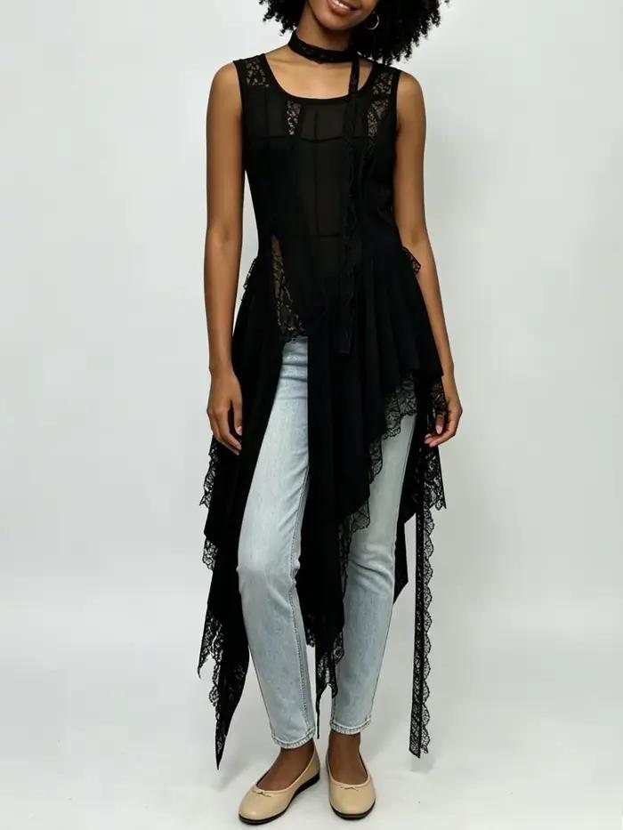 Nouveau Gilet Chic VGH en Dentelle Ample et Épissée pour Femme, Col Rond, Sans Manches, Coupe Irrégulière, Style Tendance Estival Féminin