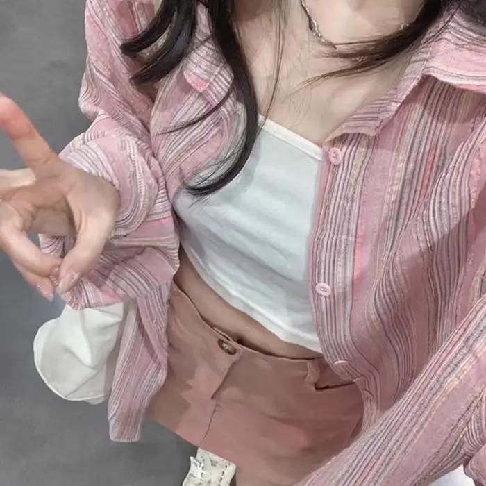Cardigan paresseux chemise haute ample rose chemise rayée veste femmes