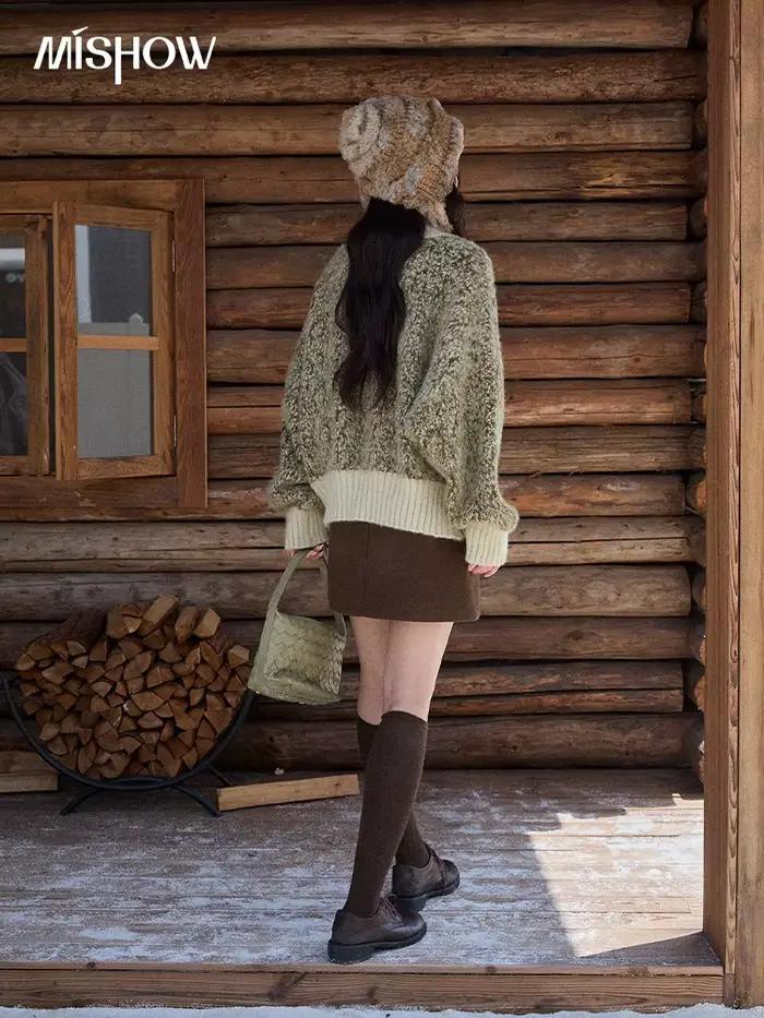 MISHOW femmes vert rétro tacheté pull hiver 2025 décontracté col montant manches chauve-souris tricoté Cardigan hauts MXE90Z2787