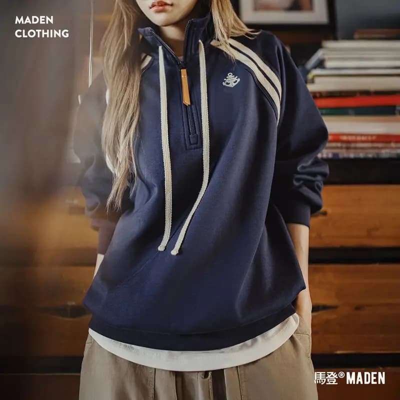 Maden – sweat-shirt Vintage bleu marine pour femme, demi-fermeture éclair, col montant, pull à manch