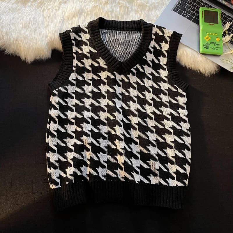 Pull pied-de-poule pour hommes, Vintage, col en v, ample, va avec tout, sans manches, Couple, mode, 
